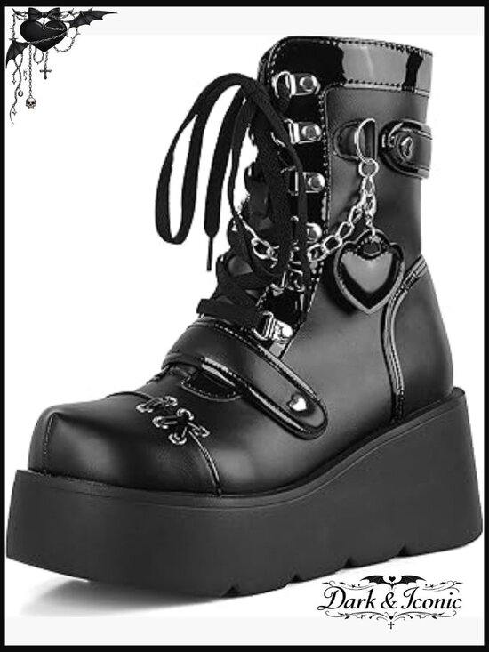 Shoes - Platform Ankle Boots with Chunky Heel, Round Toe, Lace-Up and Side Zipper